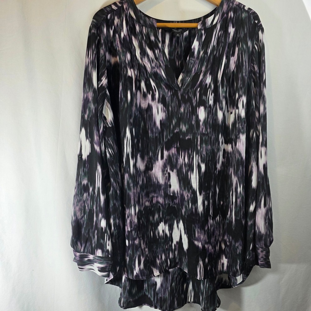 Simply Vera Vera Wang Womens 2X Purple Black Abstract Ikat Roll Tab Blouse